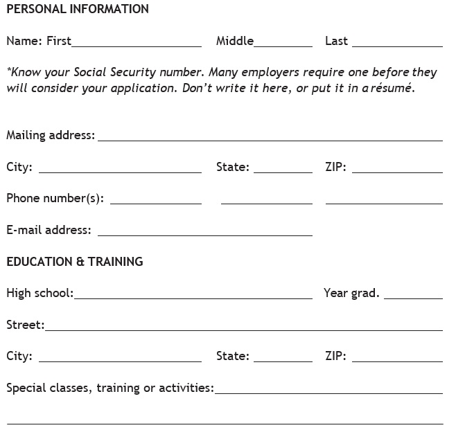free personal information form 5