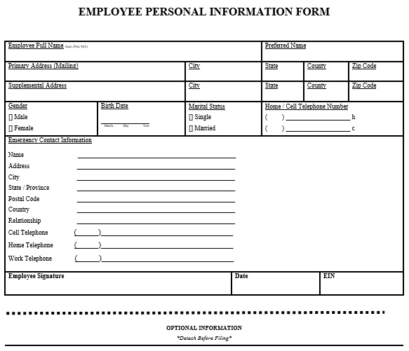 free printable employee personal information form
