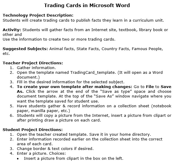 free trading card template word