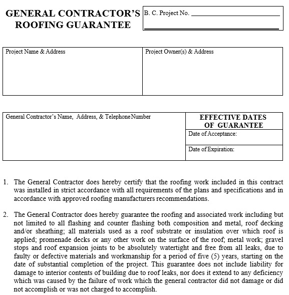 general contractors roofing guarantee template