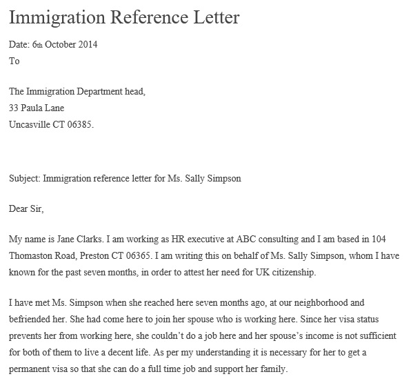 immigration reference letter