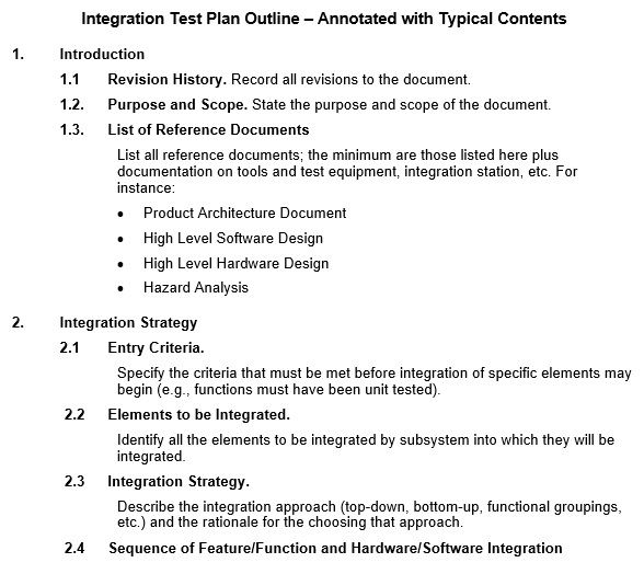 integration test plan outline template