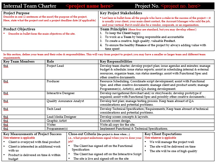 internal team charter template