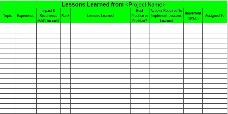 lessons learned template excel