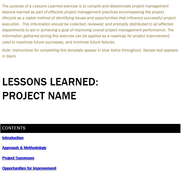lessons learned template project management
