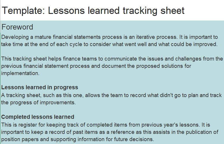 lessons learned tracking sheet