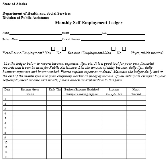 monthly self employment ledger template