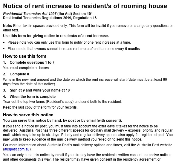 notice of rent increase to residents of rooming house
