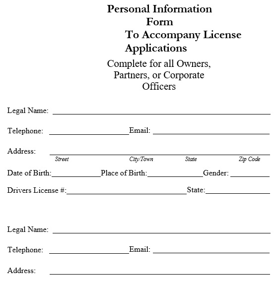 personal information form to accompany license applications