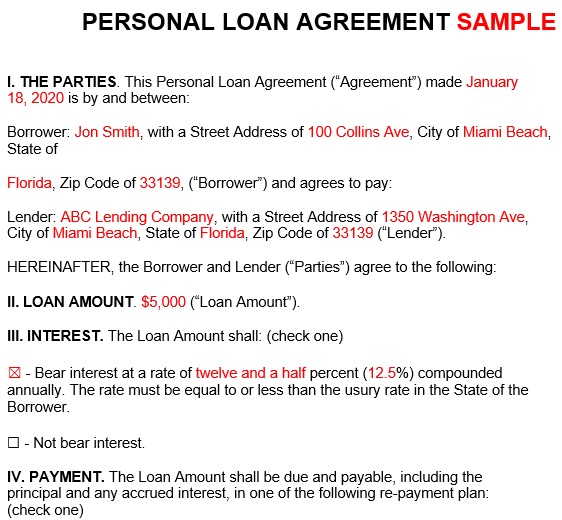 personal loan agreement sample