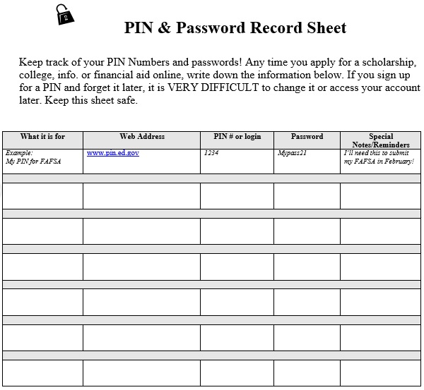 pin and password record sheet