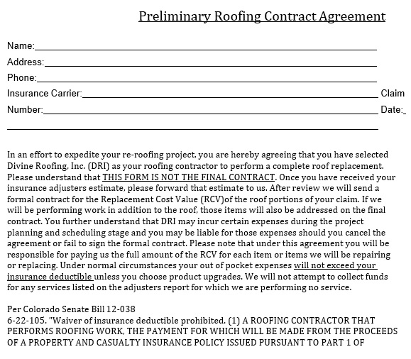preliminary roofing contract agreement template
