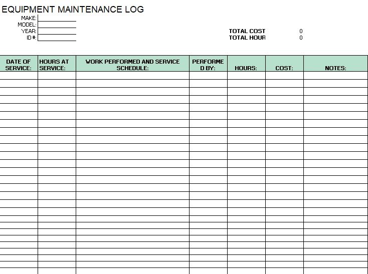  Printable Equipment Maintenance Log Template Excel Printable 