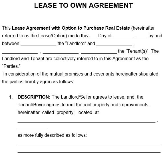 printable rent to own contracts template