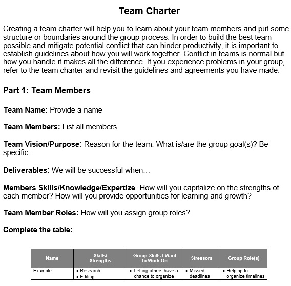 printable team charter template