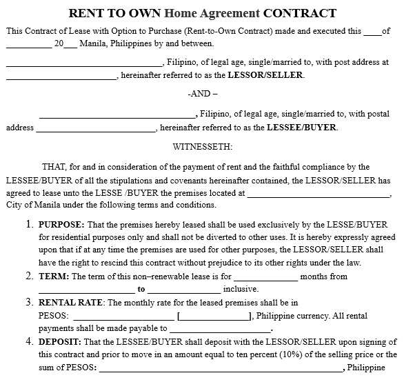 rent to own home agreement contract template