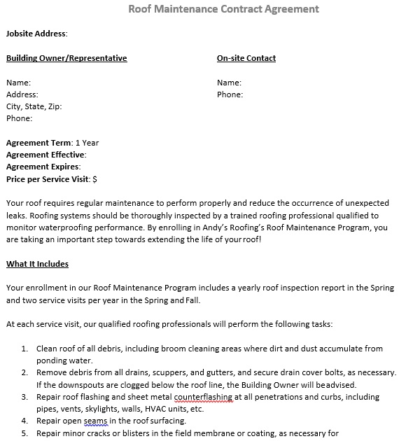 roofing maintenance contract agreement template