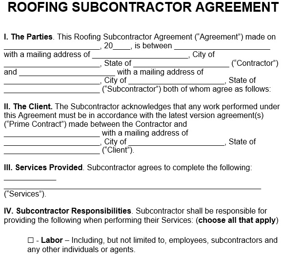 roofing subcontractor agreement template