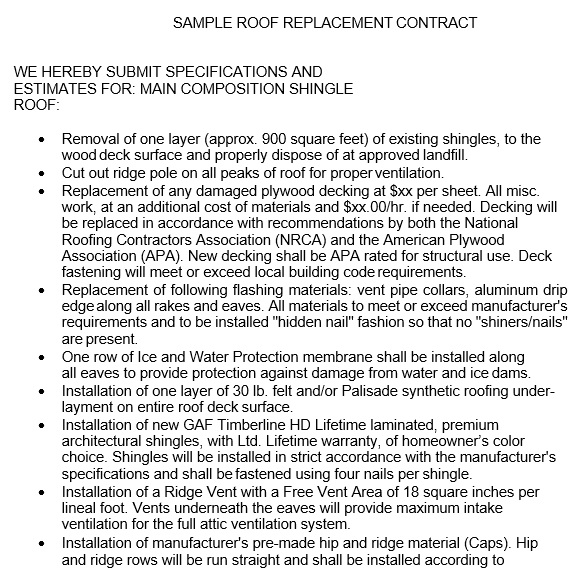 sample roof replacement contract template