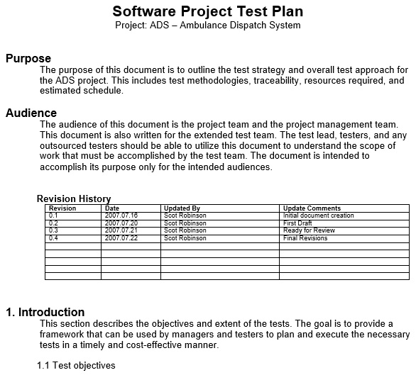 software project test plan example