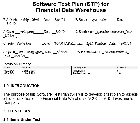 software test plan for financial data warehouse