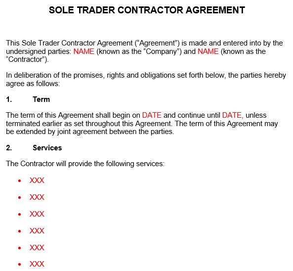 sole trader contractor agreement template