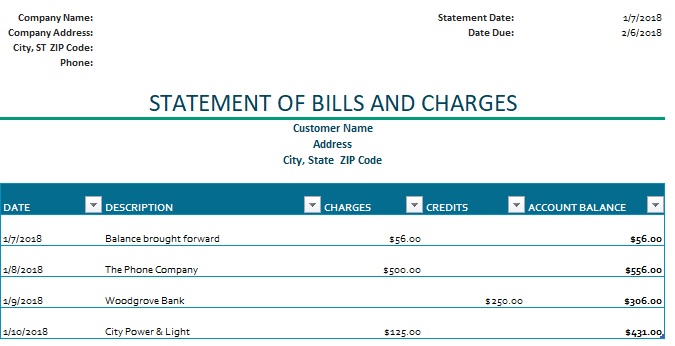 statement of bills and charges template
