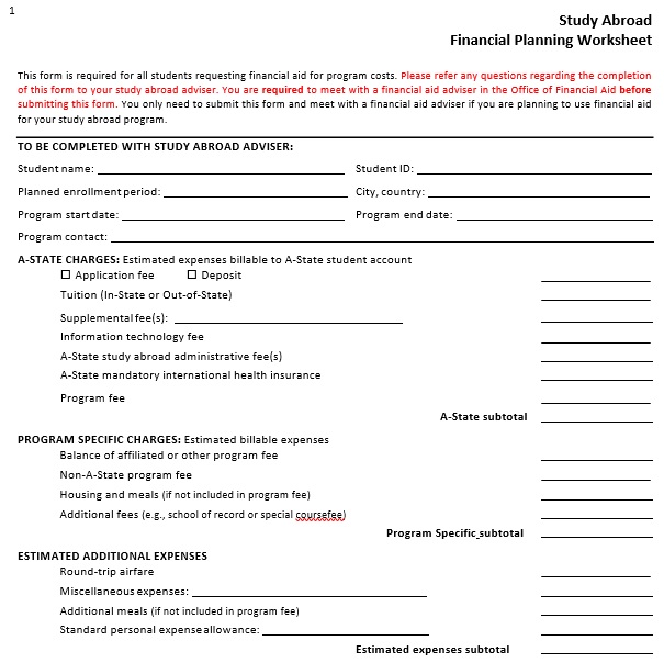 study abroad financial planning worksheet