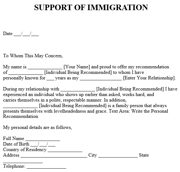 support of immigration letter