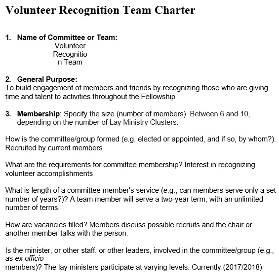 volunteer recognition team charter template