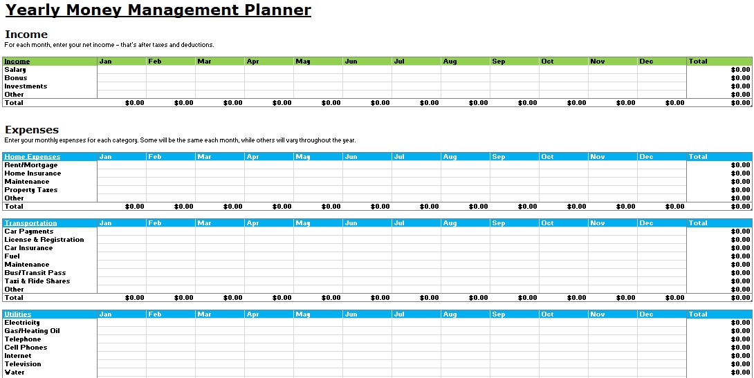yearly money management planner template
