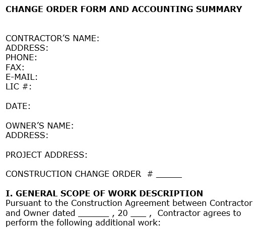 change order form and accounting summary template