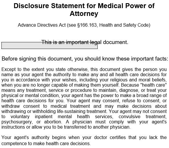 disclosure statement for medical power of attorney