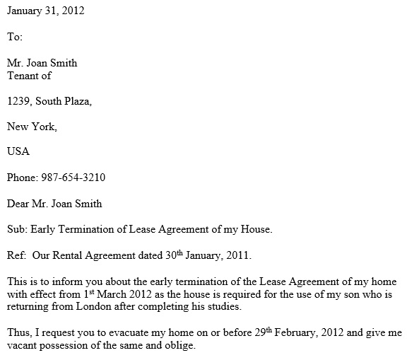early termination of lease agreement of my house