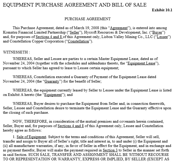 equipment purchase agreement and bill of sale template