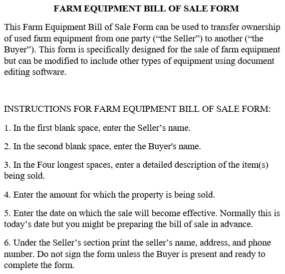 farm equipment bill of sale form template