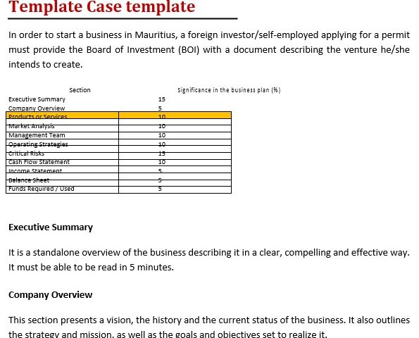 free business case template 2