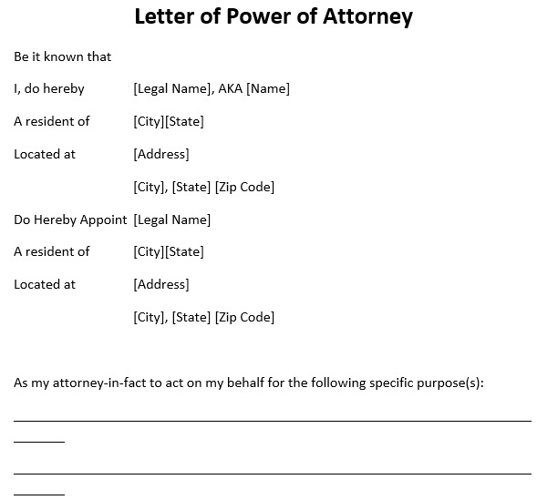 free power of attorney letter