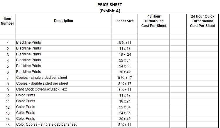 free price sheet template 9