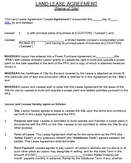 free printable land lease agreement template