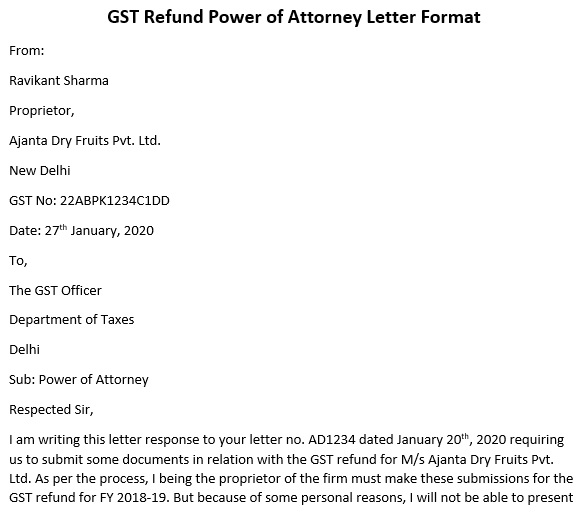 gst refund power of attorney letter format