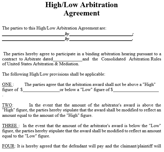 high low arbitration agreement template