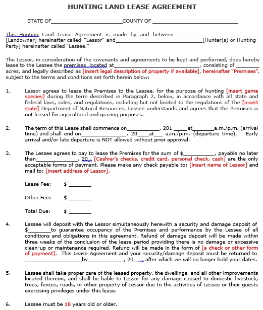hunting land lease agreement template