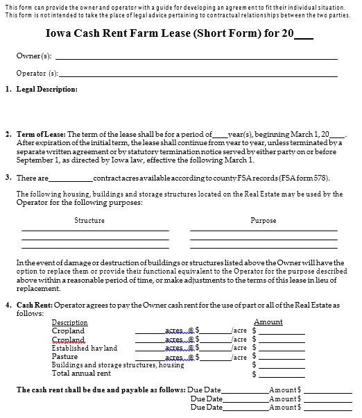 iowa cash rent farm lease short form