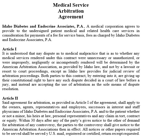 medical service arbitration agreement template