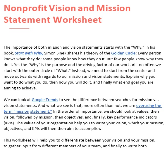 nonprofit vision and mission statement worksheet