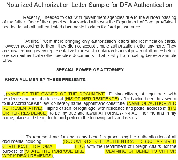 notarized authorization letter sample for dfa authentication