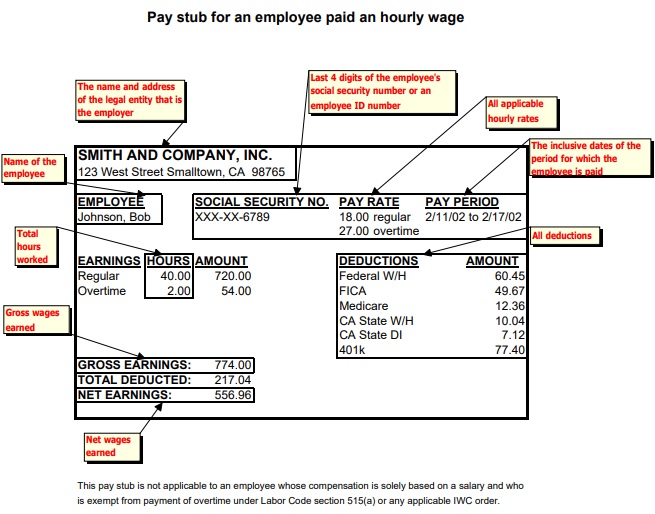 pay stub for an employee paid an hourly wage