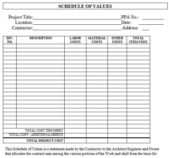 printable schedule of values template 1