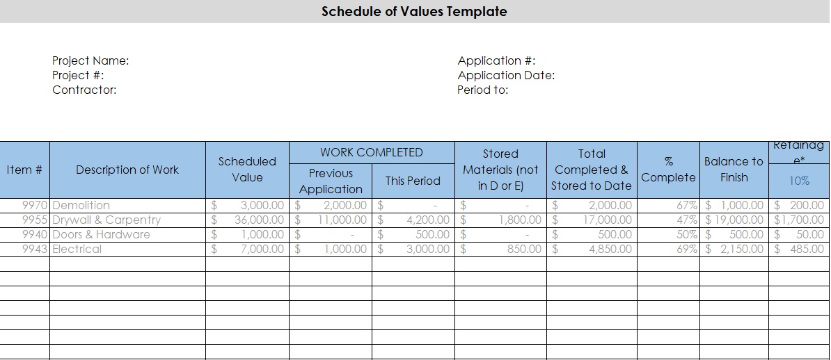 printable schedule of values template 14